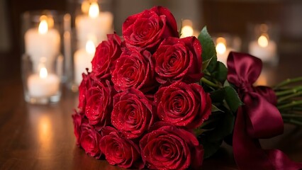 Stunning bouquet of fresh red roses adorned with water droplets and a deep red ribbon, set against a backdrop of flickering candlelight