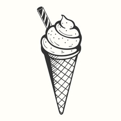 Monochrome sketch shows an ice cream cone topped with cream and wafer stick