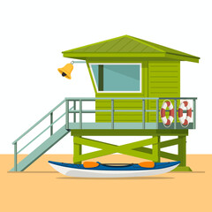 This colorful lifeguard tower stands on a sandy beach, showcasing safety measures, summer vibes, and a relaxing environment perfect for beachgoers enjoying their day. © Jianjiu