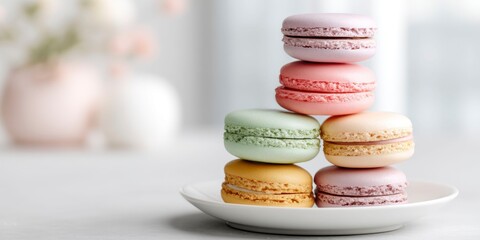Fototapeta premium Pastel macarons stacked on white plate