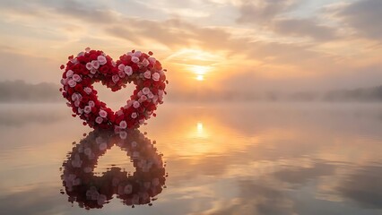 Heart-shaped floral wreath floats on serene lake at sunrise romantic tranquil setting with soft reflections