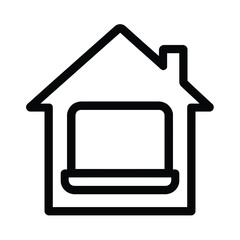 Vector illustration of outline icon of a house with a laptop inside, symbolizing remote work or smart home technology