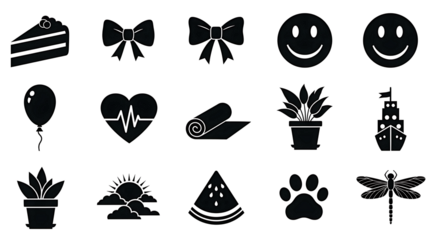 Collection of various black icons on white background