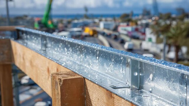 150Rooftop medium shot of aluminum downspouts being installed along gutter edges, reflective surfaces and fasteners in clear view, emphasizing sleek, functional design for effective r