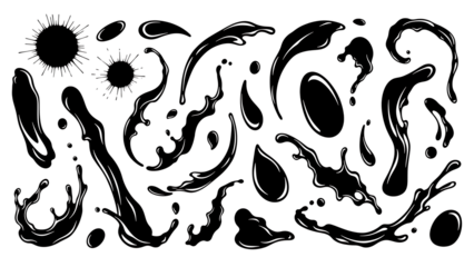 Black ink splashes and blots on white background