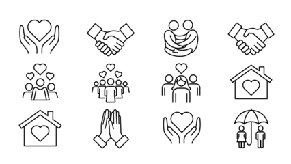 Collection of simple line icons representing love and support