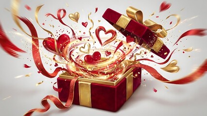 Red gift box opening with golden ribbons and sparkling hearts bursting out on white background