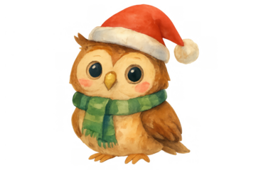 Cute christmas owl wearing a santa hat and green scarf, watercolor illustration with transparent background, holiday season mascot
