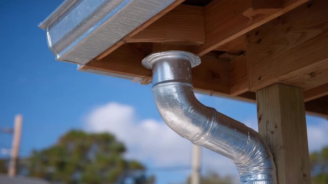 159Medium shot of professional installation of aluminum downspouts, gleaming metallic pipes being aligned and fastened, daylight enhancing sleek design and efficient drainage setup