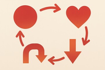 Abstract concept of emotional connection represented by circular arrow pattern encompassing a heart and solid shapes in warm red tones symbolizing love and relationship dynamics