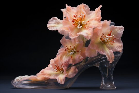 Pink alstroemeria flowers are blooming inside a transparent high heel shoe on a dark background - Powered by Adobe