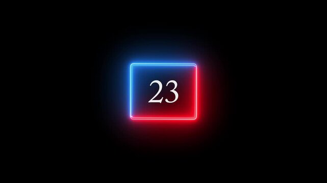 Neon glowing calendar date number 23 displayed inside a futuristic rectangular frame on dark background. Modern digital date indicator suitable for calendar design, schedule concept, reminder, event 