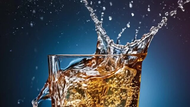 Whiskey with Ice Cubes Splashing in Glass on Dark Blue Background Studio Shot