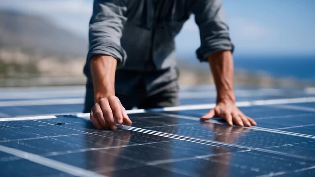 179Rooftop solar maintenance scene, medium perspective of hands adjusting panel angles on mixed surfaces, panels reflecting clear sky and sun, ensuring efficient sunlight absorption a