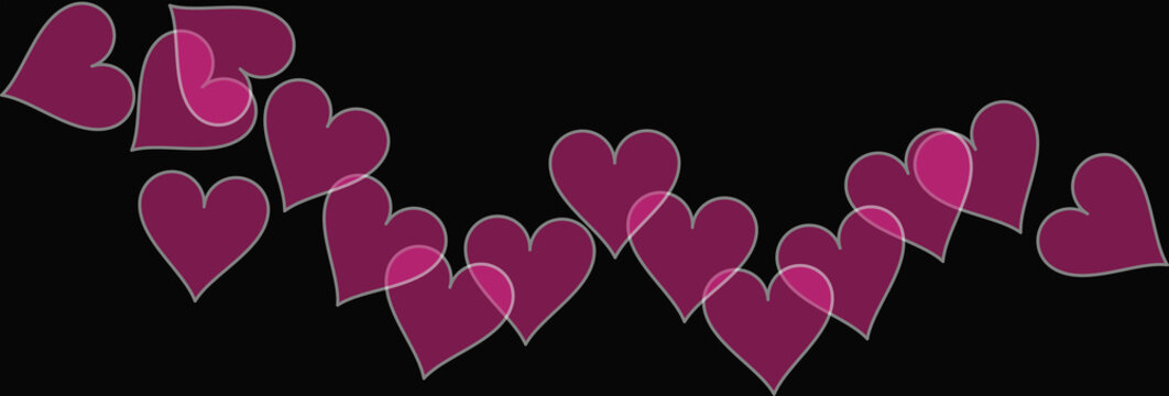 Scattered magenta hearts with light gray outlines on a black background, A whimsical arrangement of translucent magenta heart shapes cascades across a dark backdrop
