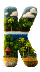 Tropical Green Letter K with Fluffy Clouds and Palm Trees on Black