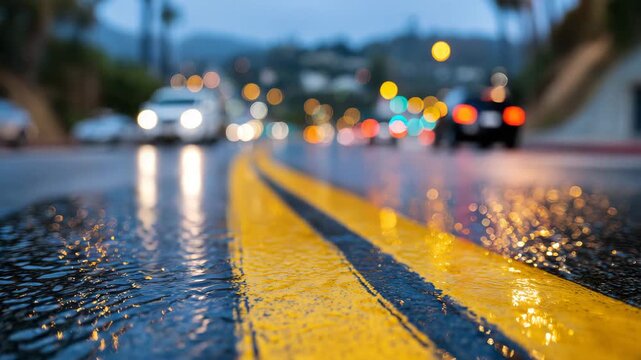 181Wet city street in early morning, yellow lane divider reflecting soft sunrise light, puddles along road edges, cars in the distance blurred, conveying safe driving awareness