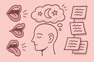 Fototapeta premium Engaging visual representation of introspective thought with expressive mouths and a meditative head amidst a backdrop of notes and imaginative symbols denoting communication depth and cognitive