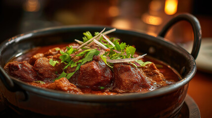 Button mushrooms cooked in rich creamy masala gravy, pepper and kasuri methi aroma, reddish-brown color, rustic ceramic bowl