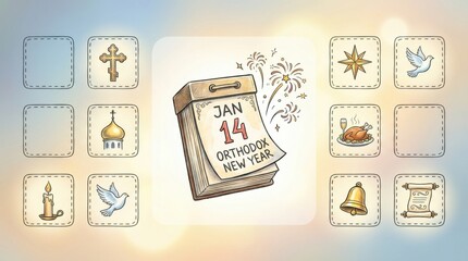 hand-drawn orthodox new year icon set template illustration template featuring calendar page turning with small fireworks on soft gradient background with gentle glow