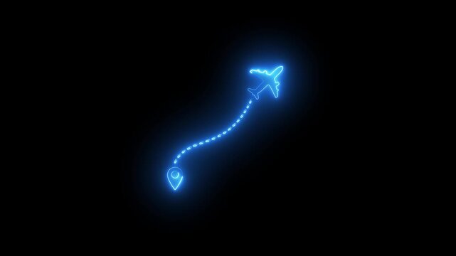 Minimal glowing airplane route line with location pin on a dark background. Perfect for travel, tourism, journey, flight booking, navigation, and transportation concepts.
