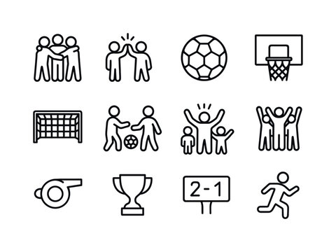 Team Play Icons. Team Play. Line icon set of Team Play: group hu