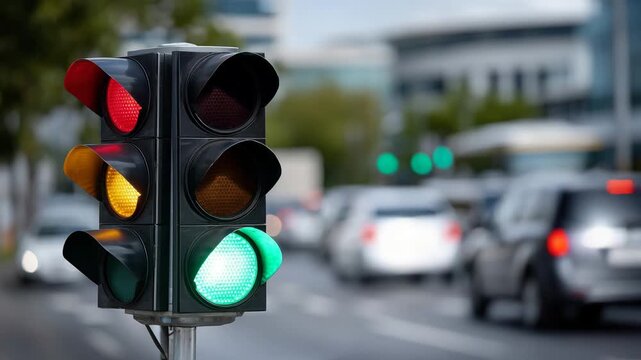 198Daytime close-up of a modern traffic light, red, yellow, and green signals clearly visible, sunlight glinting off its metallic frame, busy street with vehicles faintly in backgroun
