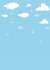 Bright cartoon-style blue sky background with scattered fluffy white clouds, creating a serene and...