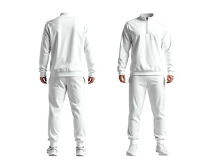 Two views of a white athletic tracksuit on a mannequin