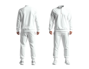 Two views of a white athletic tracksuit on a mannequin