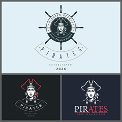 Pirates beauty women face head captain ship wheel logo set vintage design template