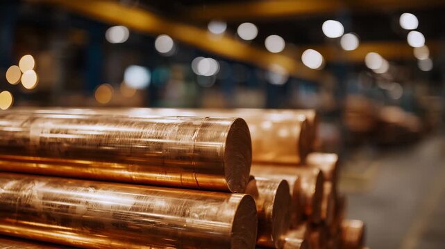 230Warm-toned industrial photo of shining copper pipes stacked in perfect alignment, illuminated by warehouse lamps producing subtle flares and gradients