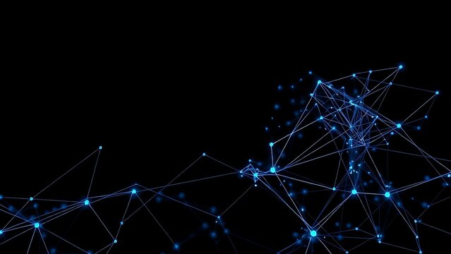 Abstract network of connected nodes and flowing lines in blue and silver on a dark background. - Powered by Adobe