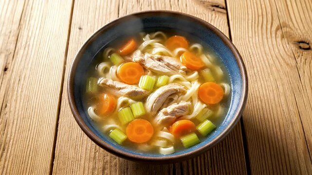 A bowl of soup with chicken and carrots. The soup is hot and steam is rising from it