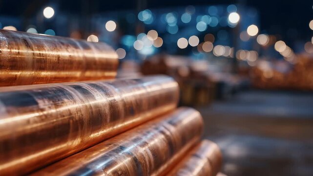 231Warm-toned industrial photo of shining copper pipes stacked in perfect alignment, illuminated by warehouse lamps producing subtle flares and gradients