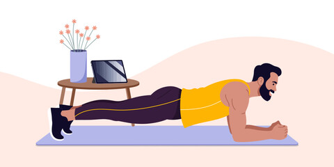 An athletic man performing a plank exercise at home, surrounded by plant decor, showcasing fitness, dedication, and the wellness trend in a comfortable environment for health enthusiasts.