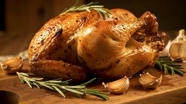 A roasted chicken with rosemary and garlic on a wooden cutting board. The chicken is golden brown and looks delicious