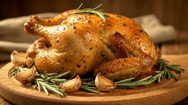 A roasted chicken with rosemary and garlic on top of a wooden cutting board. The chicken is golden brown and looks delicious