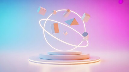 Abstract 3d rendering of geometric shapes orbiting a glowing neon ring above a futuristic white display podium against a vibrant gradient backdrop