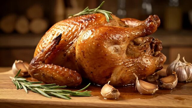A large roasted turkey with rosemary and garlic on a wooden cutting board. The turkey is golden brown and looks delicious