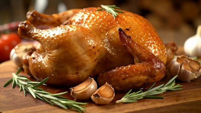 A roasted chicken with rosemary and garlic on top of a wooden cutting board. The chicken is golden brown and has a crispy skin. The rosemary and garlic add a savory and aromatic touch to the dish