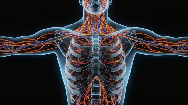 Dynamic 3D animation of human anatomy shows arteries and veins in motion, perfect for medical training or health education videos