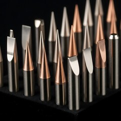 Arrangement of Metallic Precision Tips on a Dark Surface Displaying Accuracy