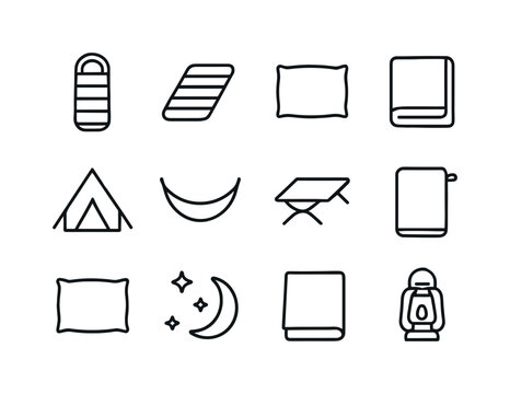Camping Icons Collection. Camping sleeping. Line icon set of Cam
