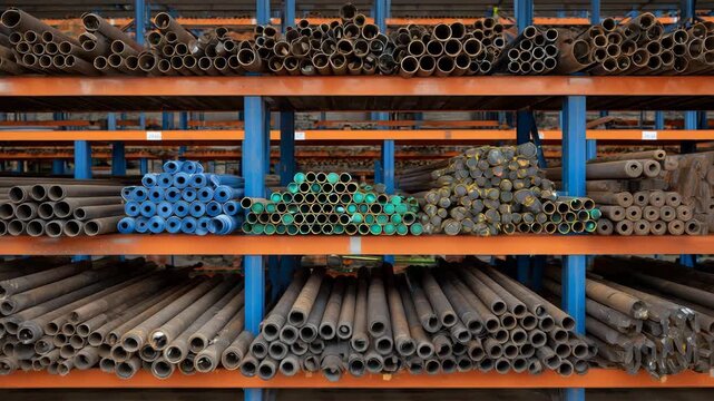 240Industrial scene featuring rows of large and small pipes organized on rust-proof shelving, background blur emphasizing texture and reflective metal
