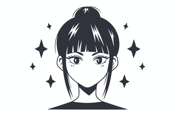 Simple outlined anime girl with bun hairstyle is surrounded by sparkling stars