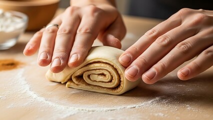 Hands carefully shaping dough for cinnamon rolls on a floured surface