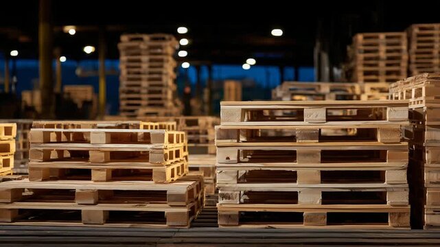 254Side view of pallet stacks arranged in perfect order, linear alignment enhanced by warm light, highlighting natural wood tones against a dim industrial background