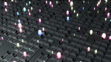 Quantum data network concept, Glowing multicolor nodes changing size on dark digital field,  ACES 2.0 high quality render seamless loop animation. - Powered by Adobe