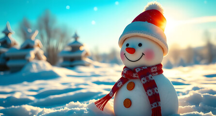 Happy Snowman in Winter Landscape